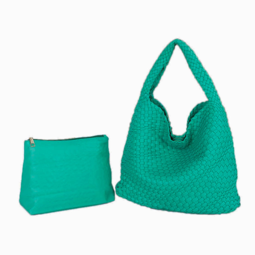 The Willow | Large Woven Vegan Leather Tote - Green.