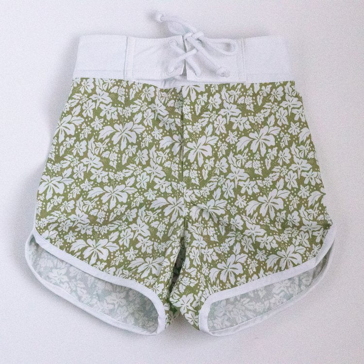 Green Hibiscus Kids Surf Shorts