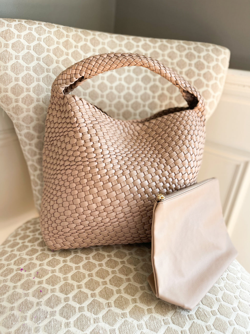 The Willow | Large Woven Vegan Leather Tote - Khaki