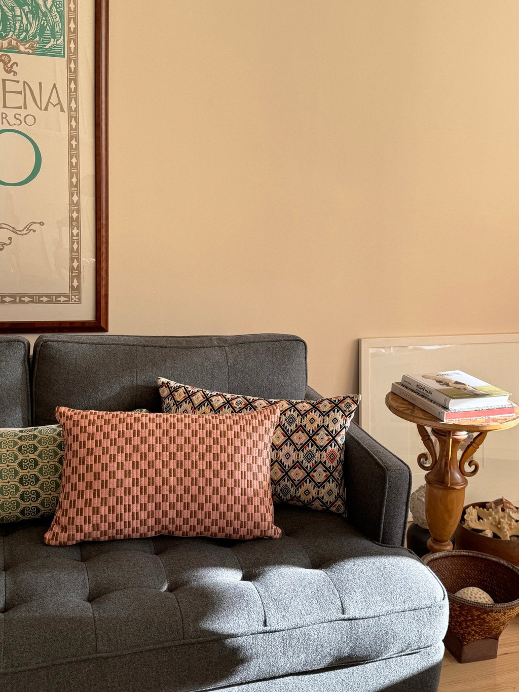 Checkered Brocade Pillow - Pink & Umber