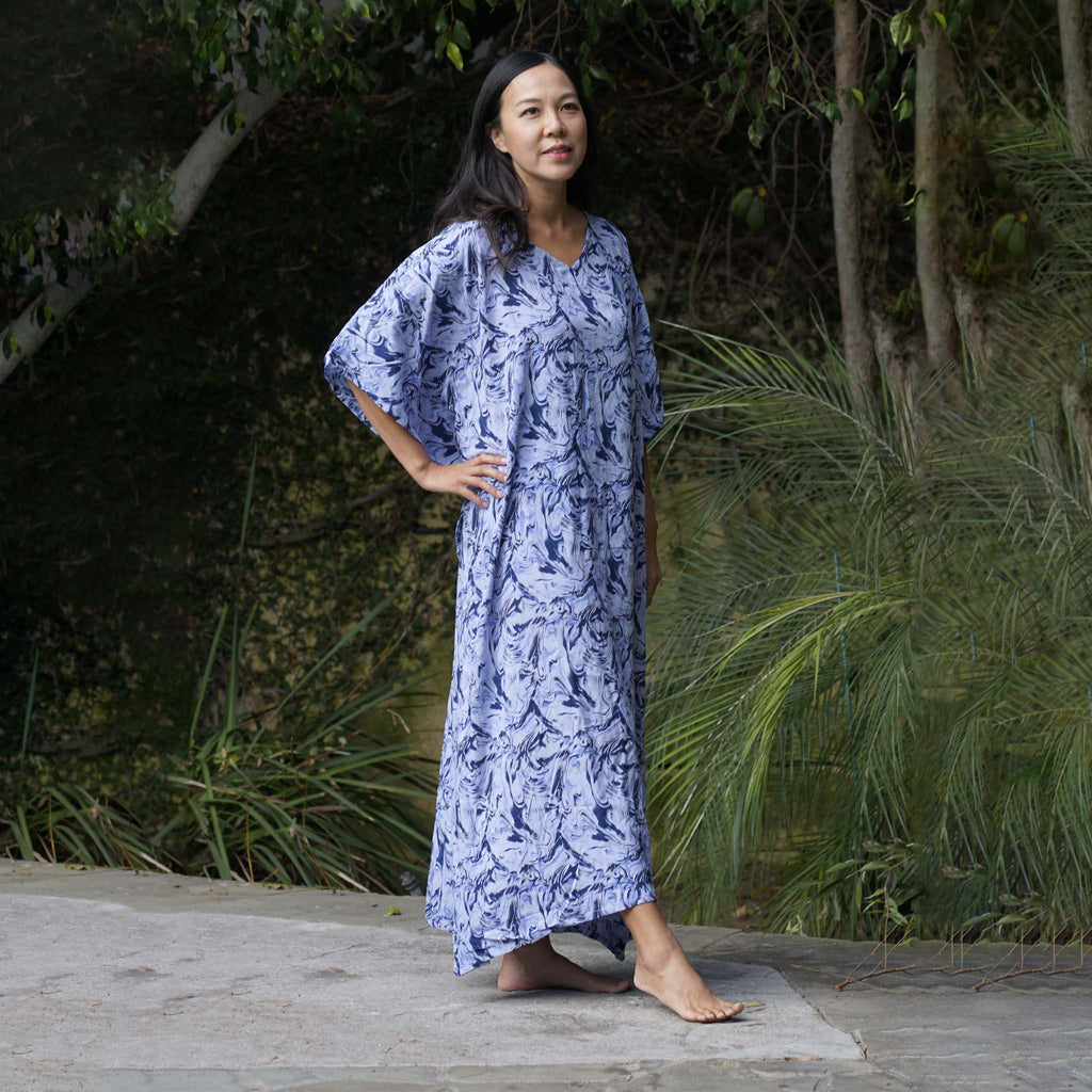 Kaftan Dress Rayon Blue Marble Lightweight