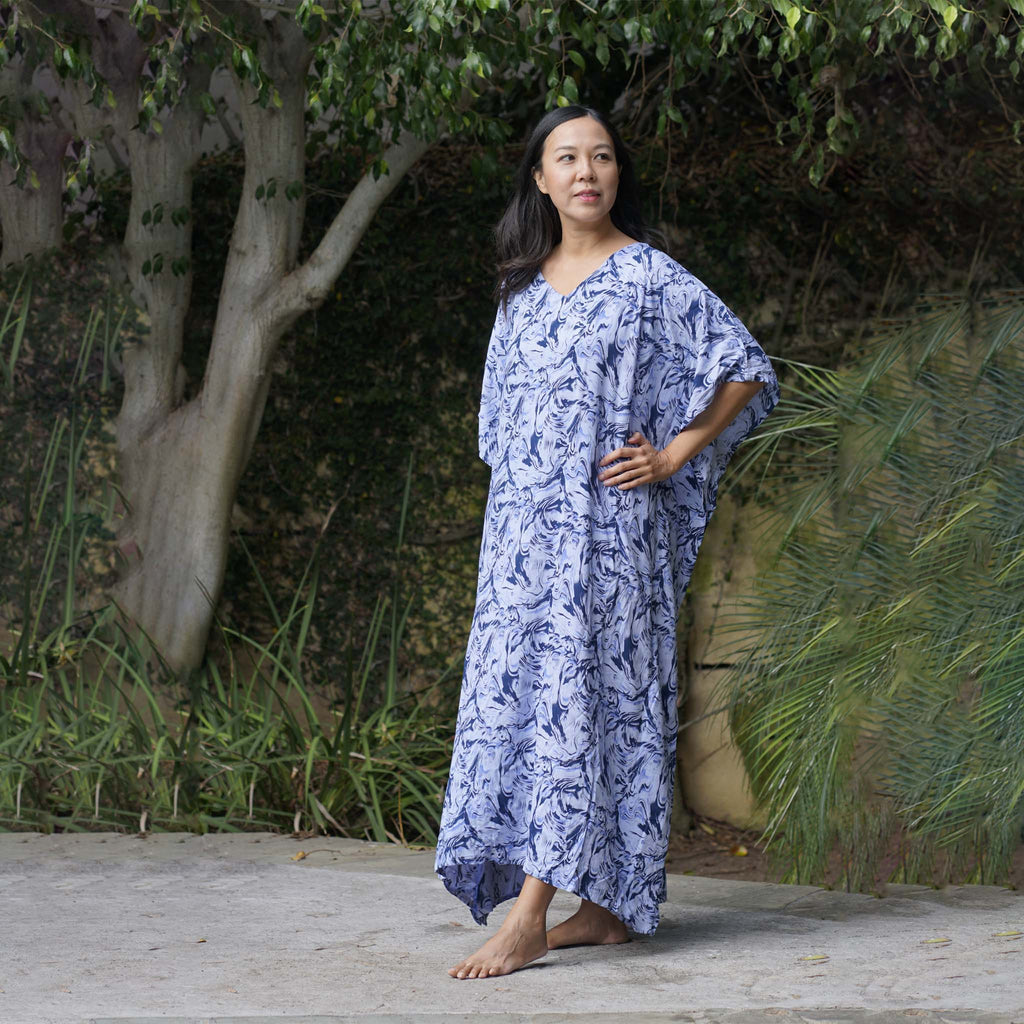 Kaftan Dress Rayon Blue Marble Lightweight