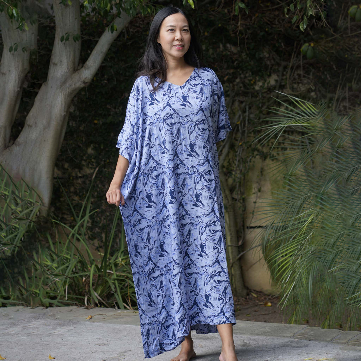 Kaftan Dress Rayon Blue Marble Lightweight