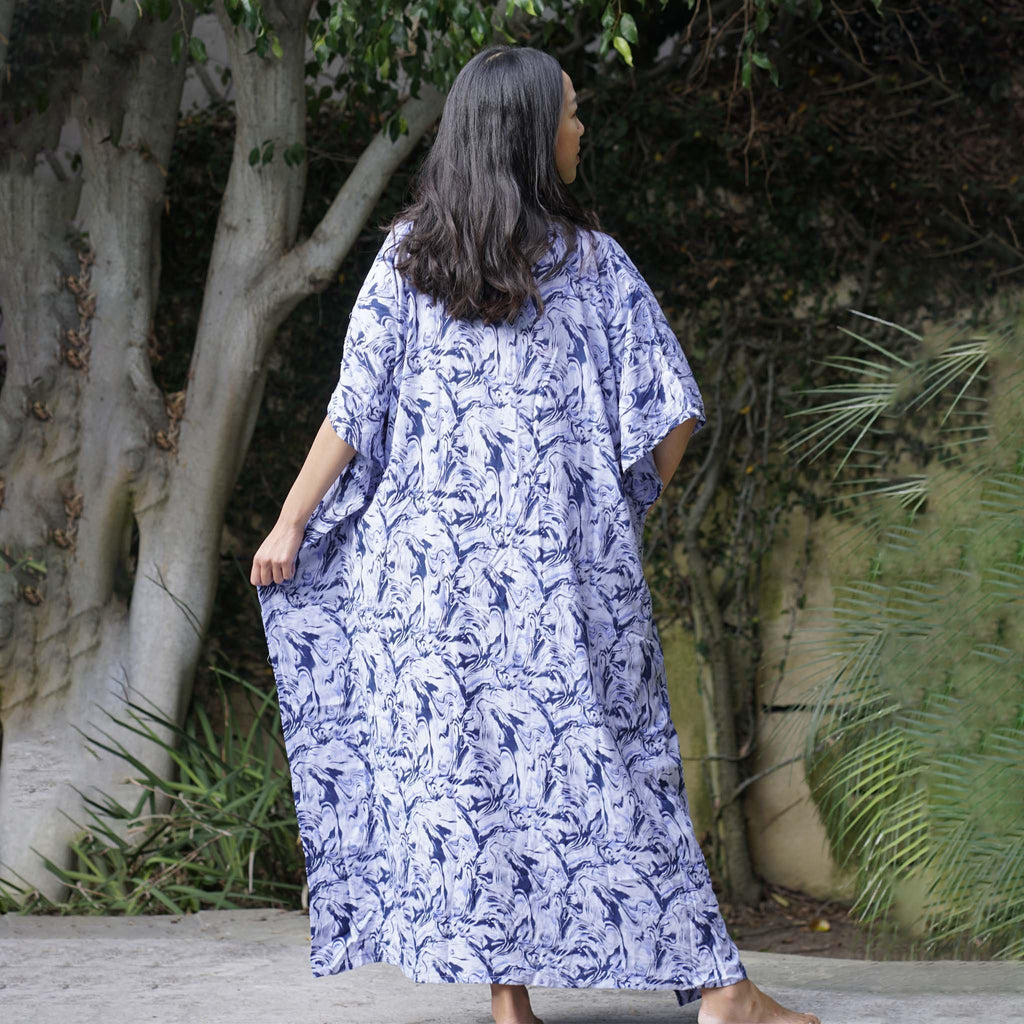Kaftan Dress Rayon Blue Marble Lightweight