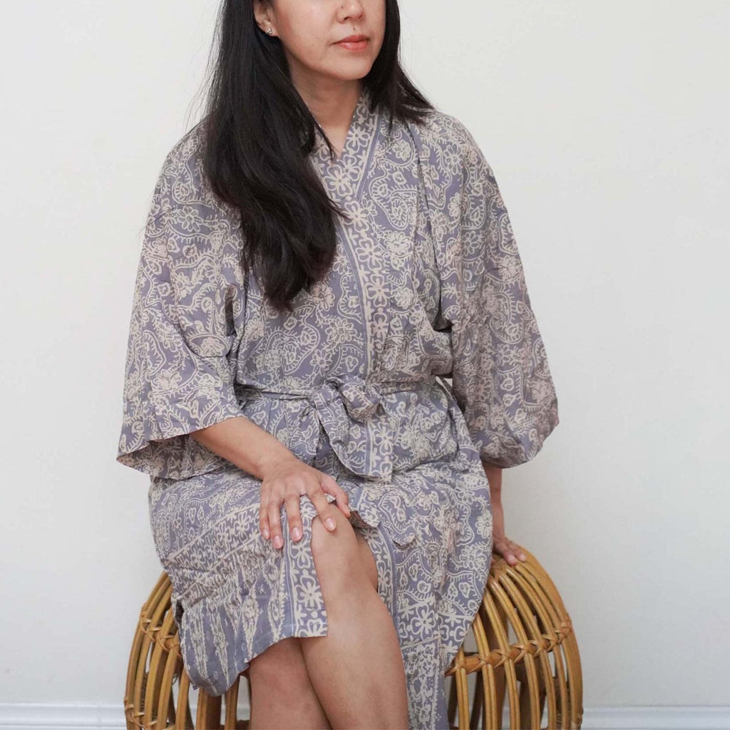 Hand Dyed Batik Robe Kimono, 100% Cotton, Gray, Silver Petals