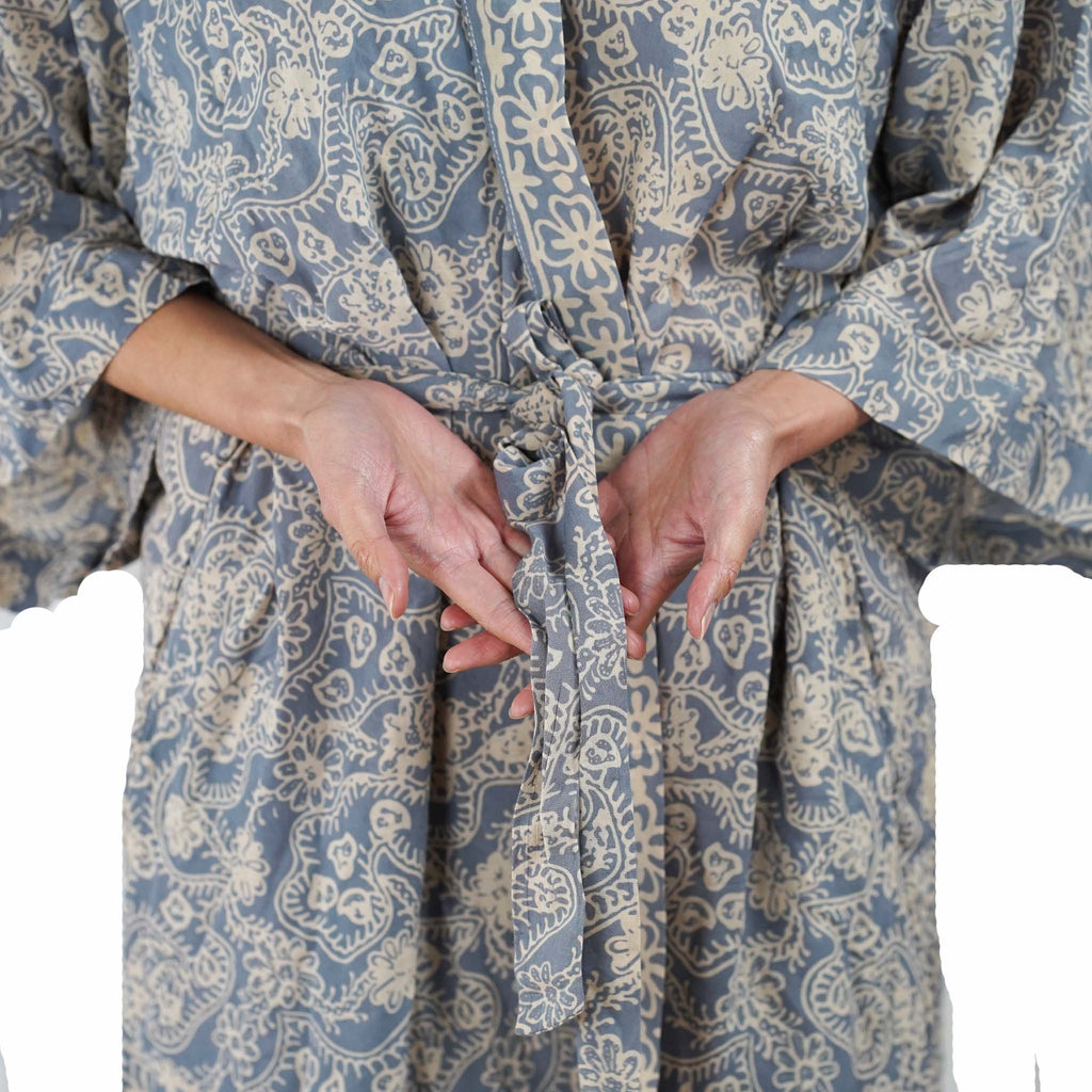 Hand Dyed Batik Robe Kimono, 100% Cotton, Gray, Silver Petals