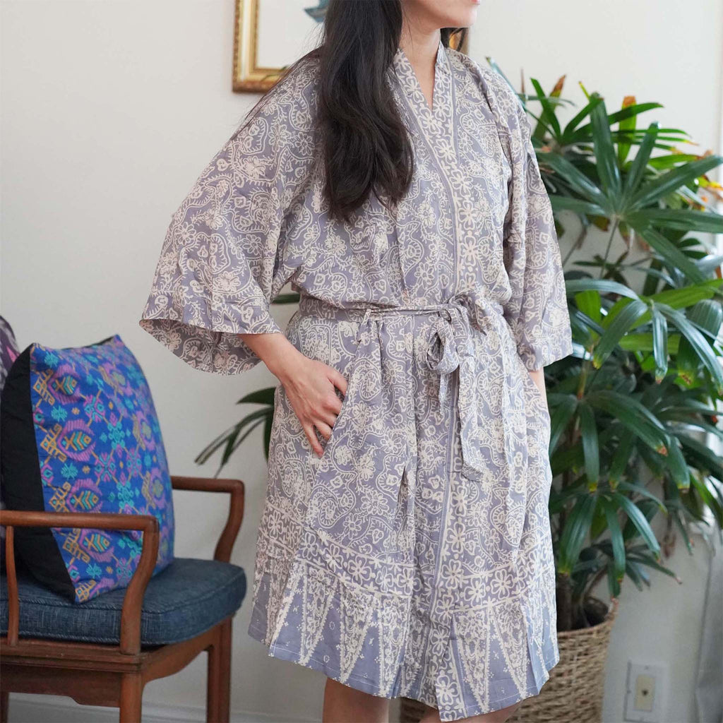 Hand Dyed Batik Robe Kimono, 100% Cotton, Gray, Silver Petals