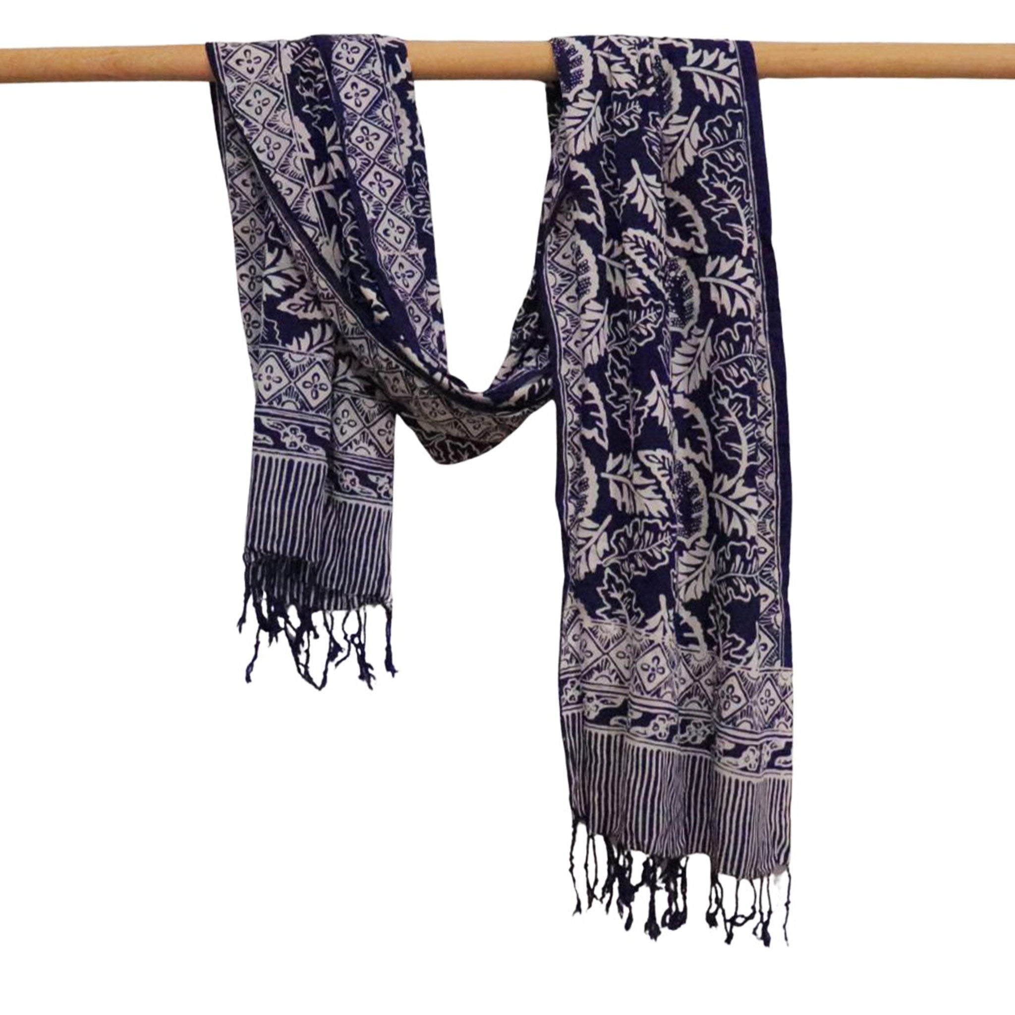 Hand Dyed Batik Scarf, 100% Cotton, Scarves, Bandana, Wrap , Blue Leaves