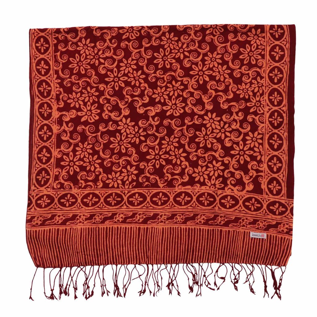 Handmade Batik Scarf, Soft Cotton, Loop, Red, Burgundy
