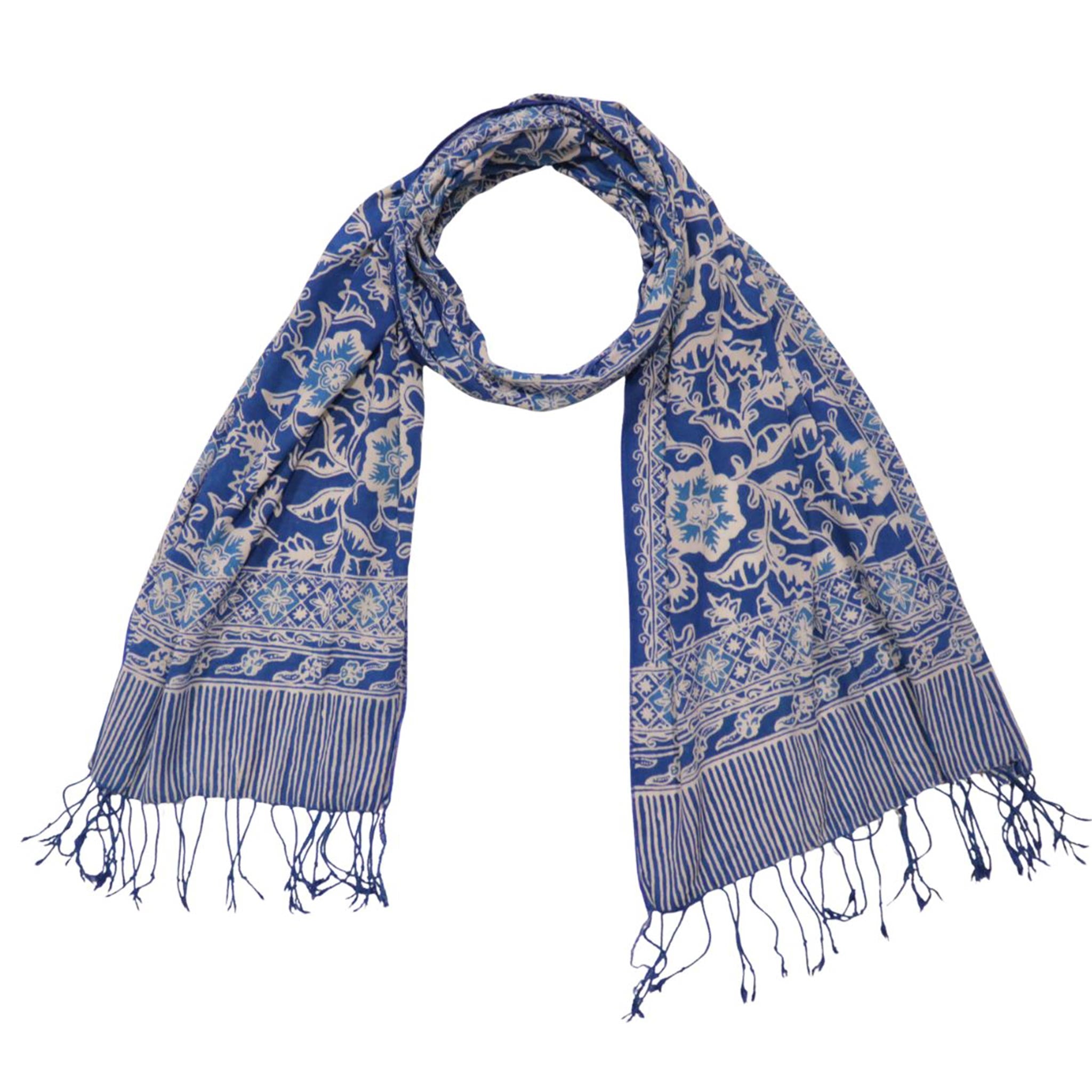 Handmade Batik Scarf, 100% Soft Cotton, Blue Tendril