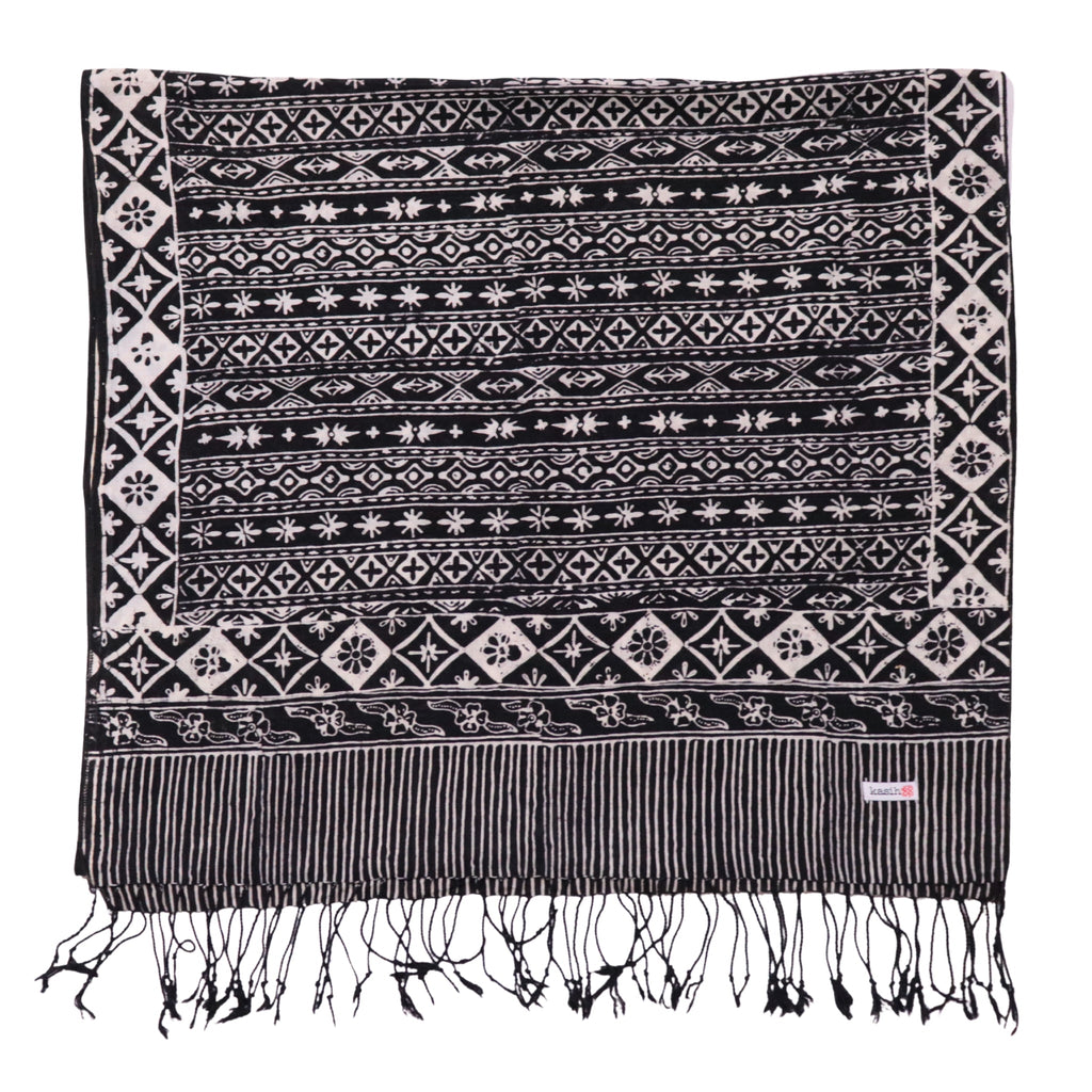 Hand Dyed Batik Scarf, 100% Cotton Fabric, Black White, Geometric