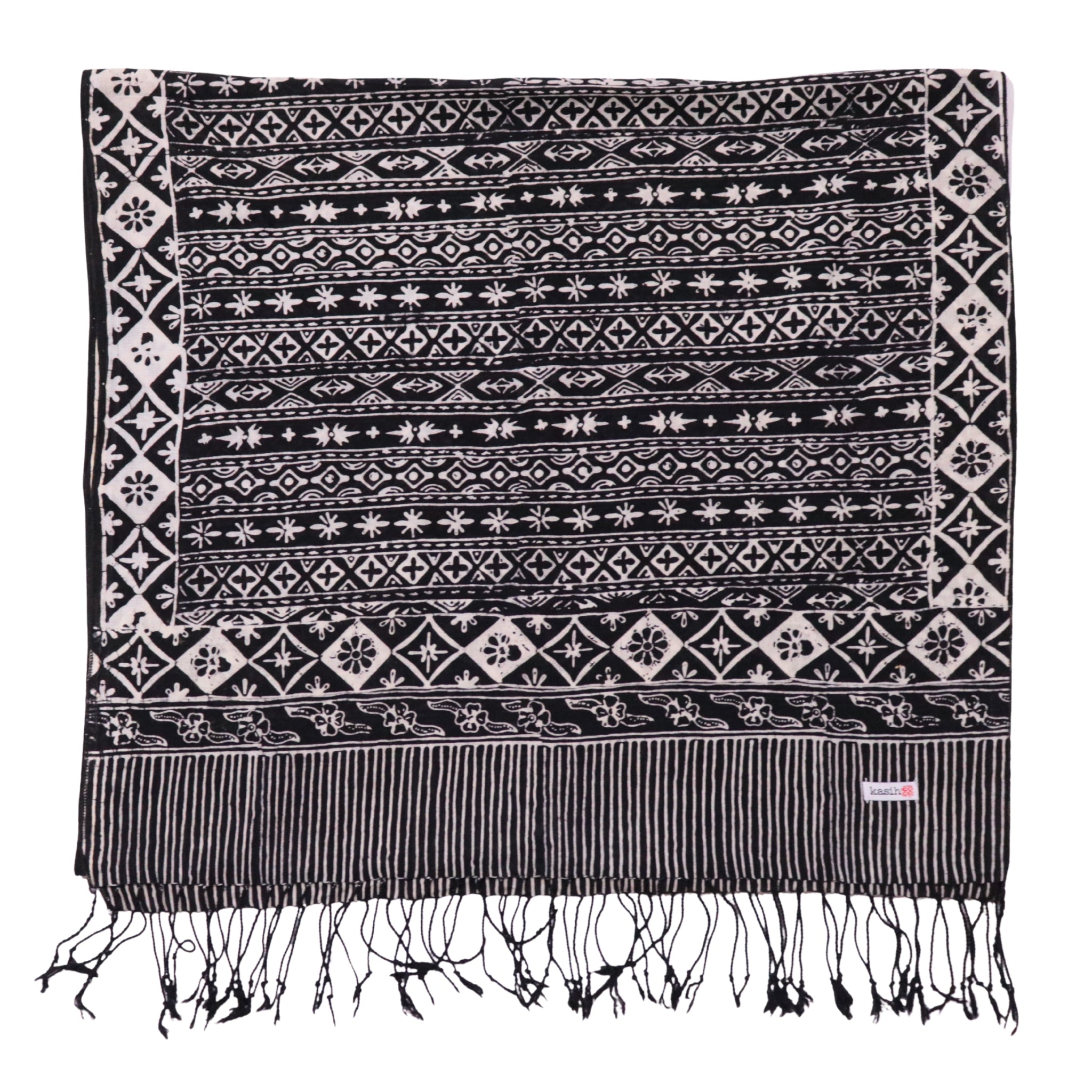 Hand Dyed Batik Scarf, 100% Cotton Fabric, Black White, Geometric