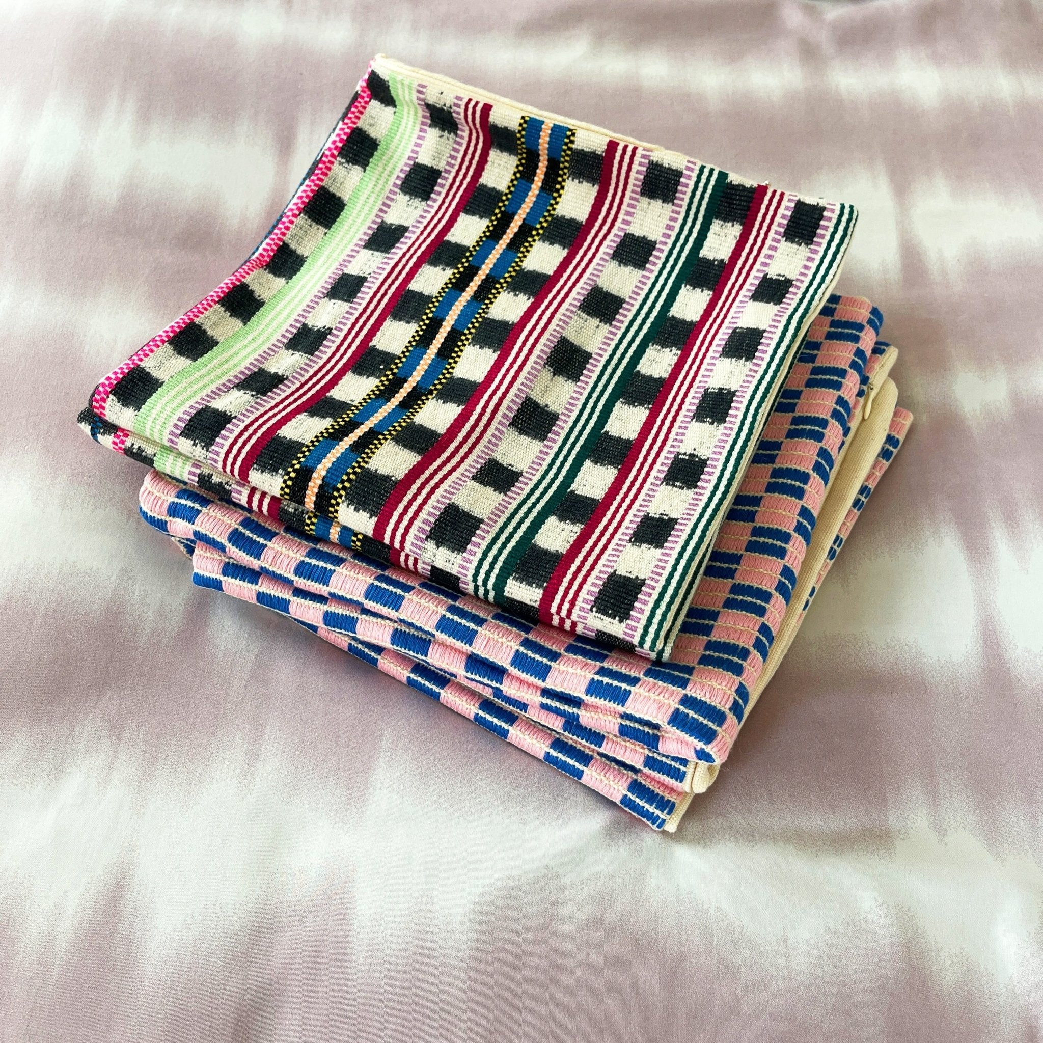 Checkered Blue and Pink Brocade Pillows