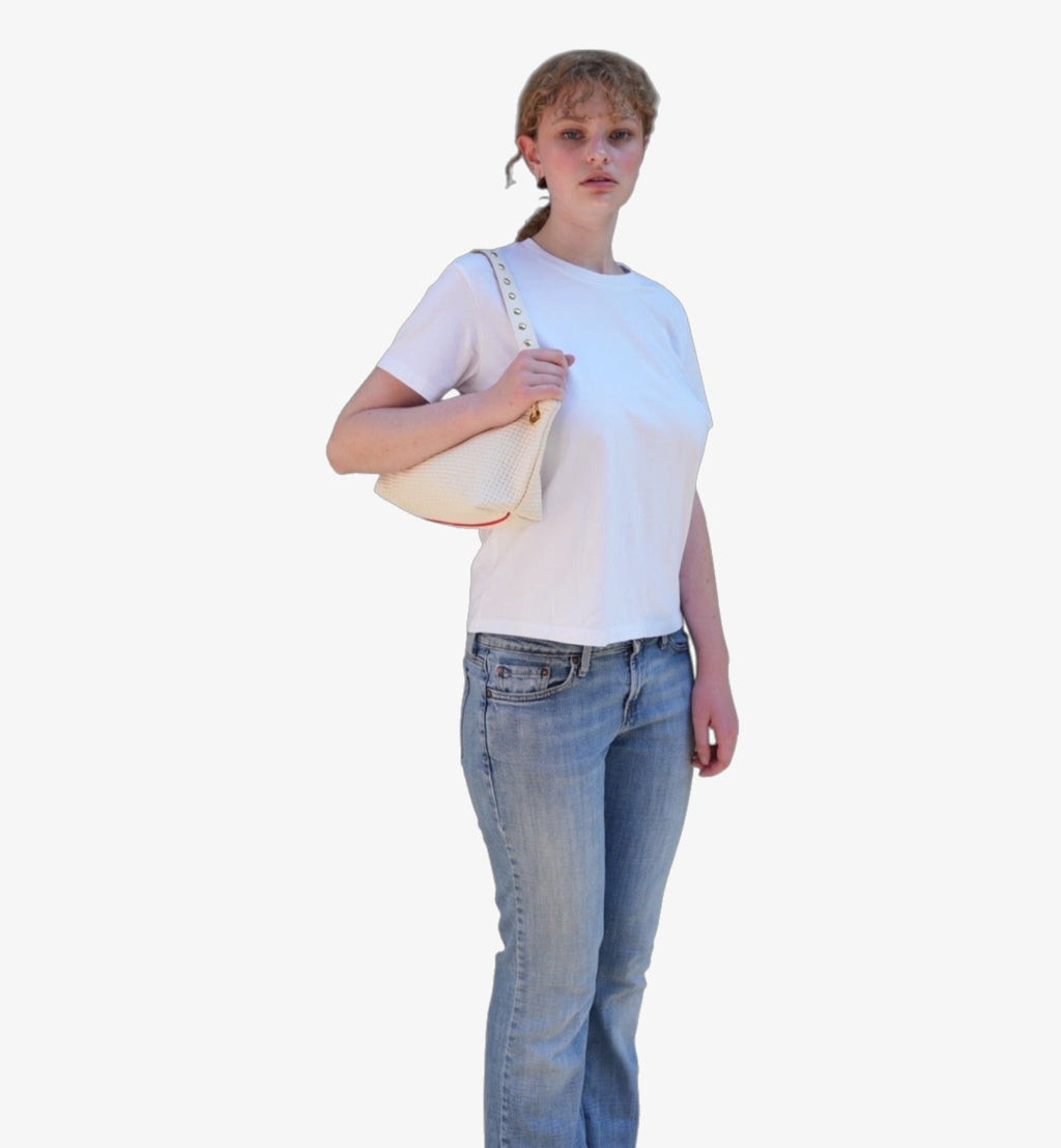 Blair-East West Shoulder Bag, White embossed leather