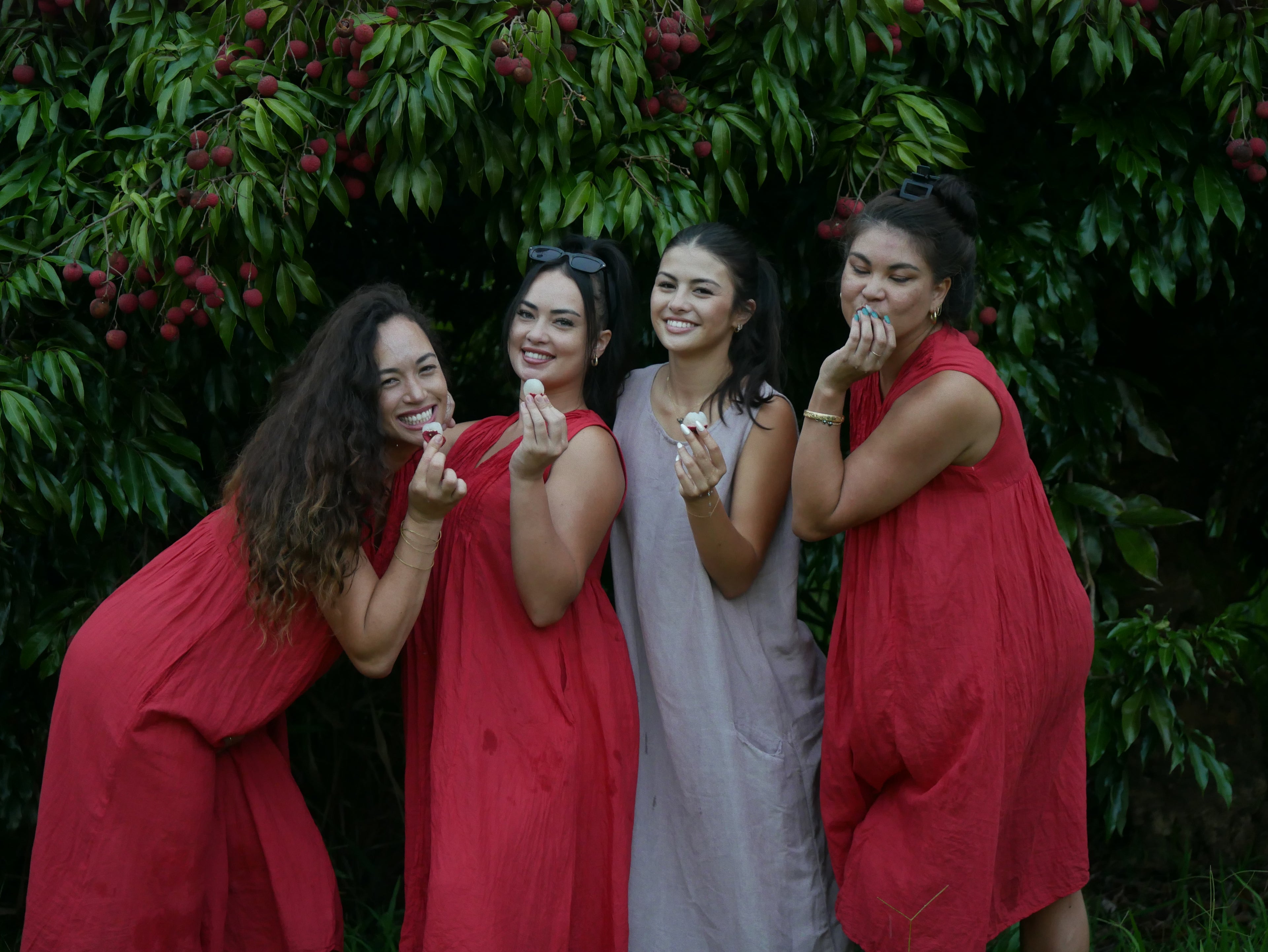 Model in a deep lychee-red cotton A-line dress with V-neckline and pockets, photographed on a Hilo farm.
