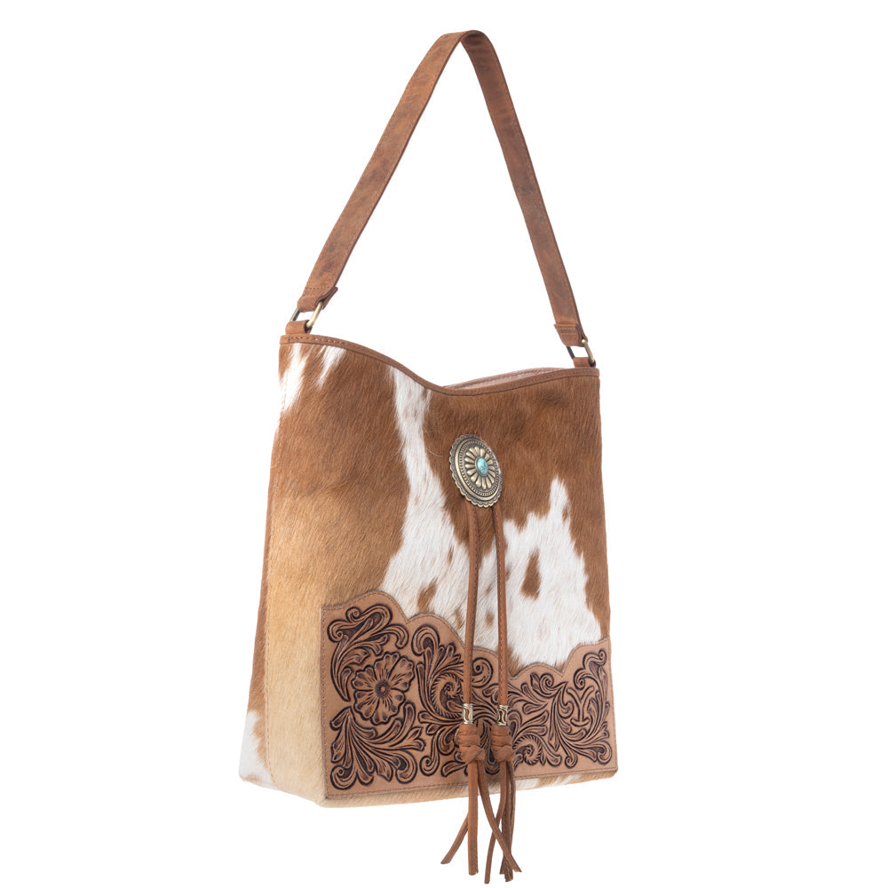 Myra Yellowstone Tawny Ridge Handtooled Hairon Concealed Carry Bag in Ivory Mocha