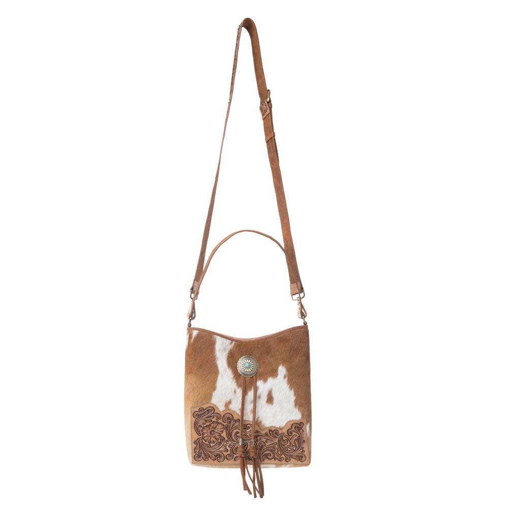 Myra Yellowstone Tawny Ridge Handtooled Hairon Concealed Carry Bag in Ivory Mocha