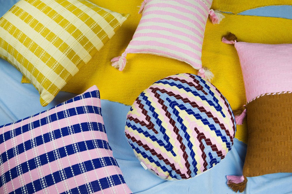 Santiago Grid Pillow - Royal and Baby Pink