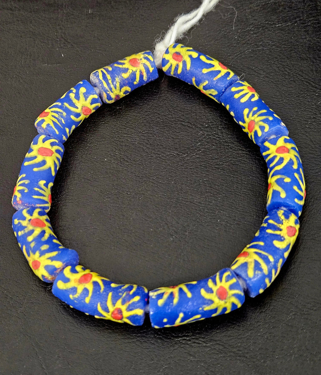 Painted Krobo Glass Tube Beads | Royal Blue Recycled Glass Tube Beads | Handmade in Ghana | 13–14×26–30mm