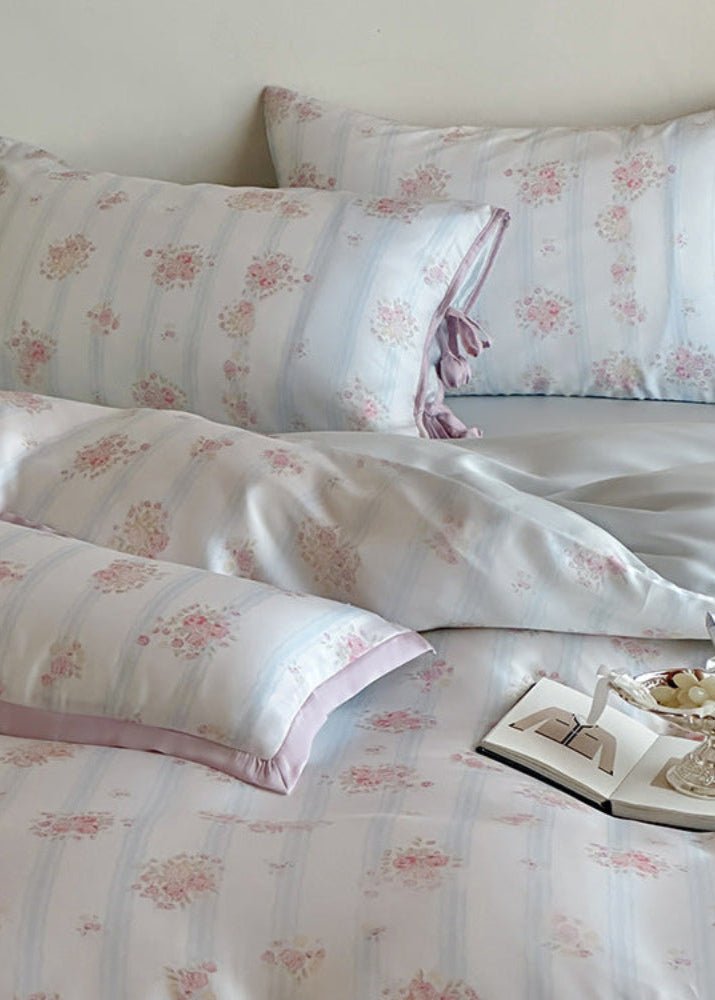 Bianca Floral Ribbon Tied TENCEL™ Bedding Set / Ivory Blue