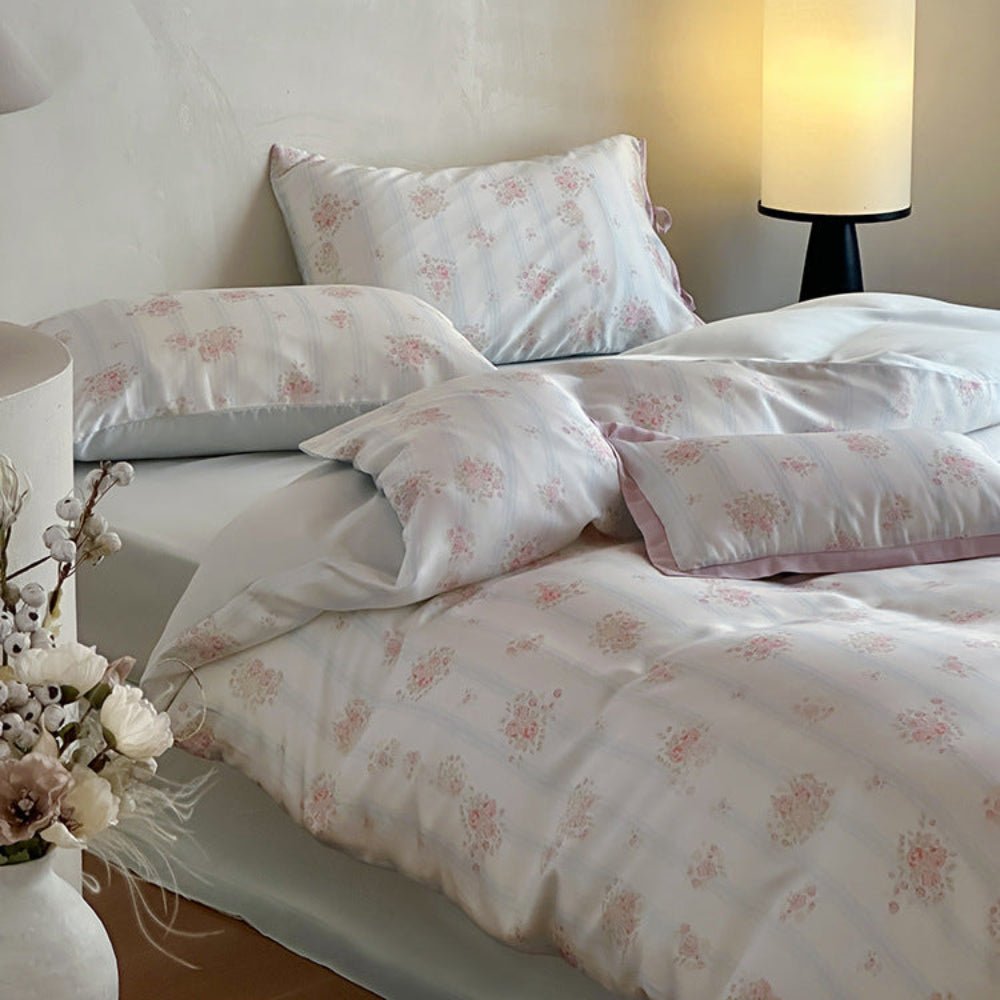 Bianca Floral Ribbon Tied TENCEL™ Bedding Set / Ivory Blue