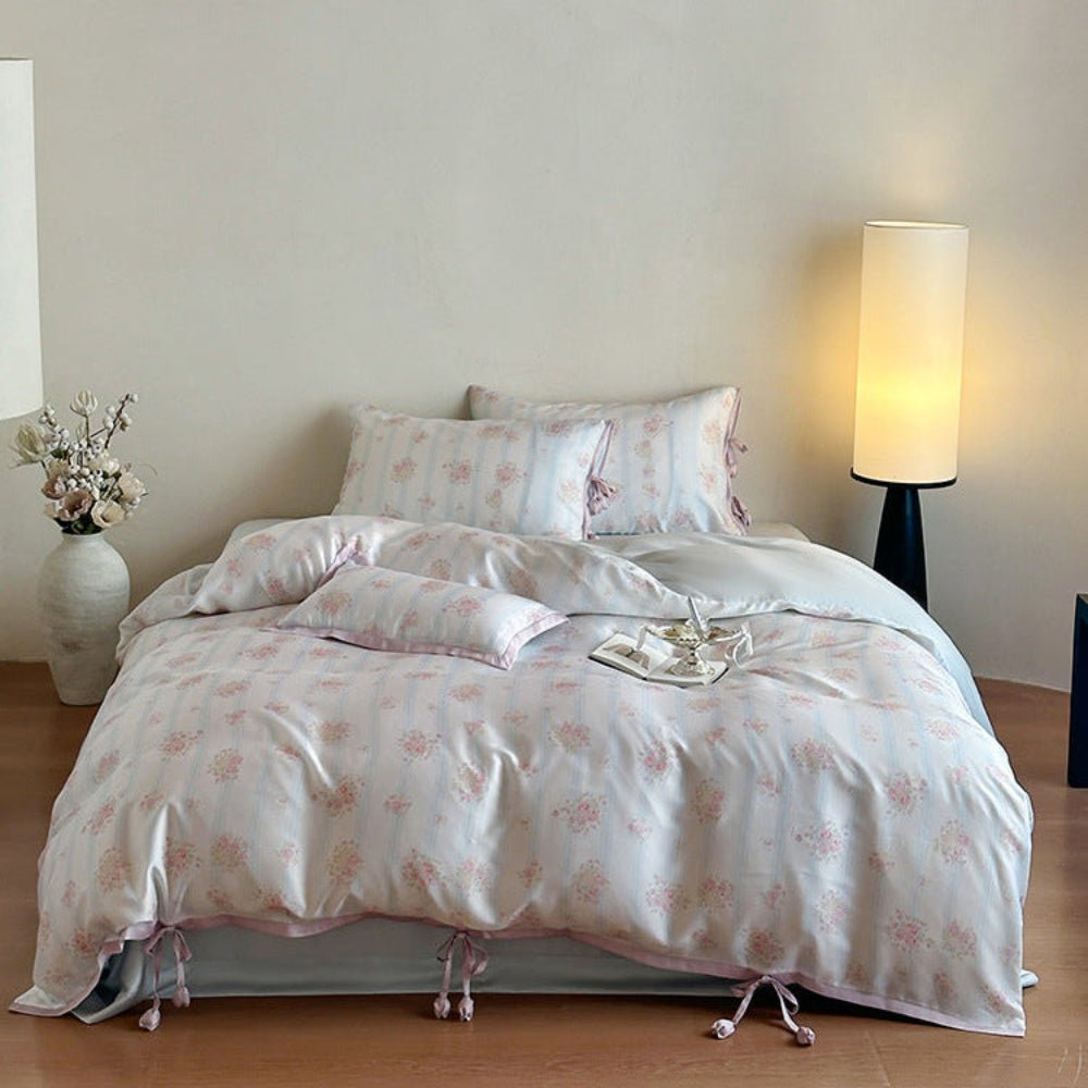 Bianca Floral Ribbon Tied TENCEL™ Bedding Set / Ivory Blue