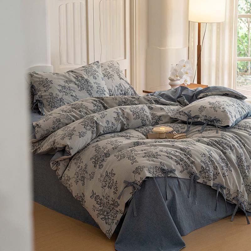 Bonnie Ribbon Bow Tie Floral Bedding Set / Dark Gray