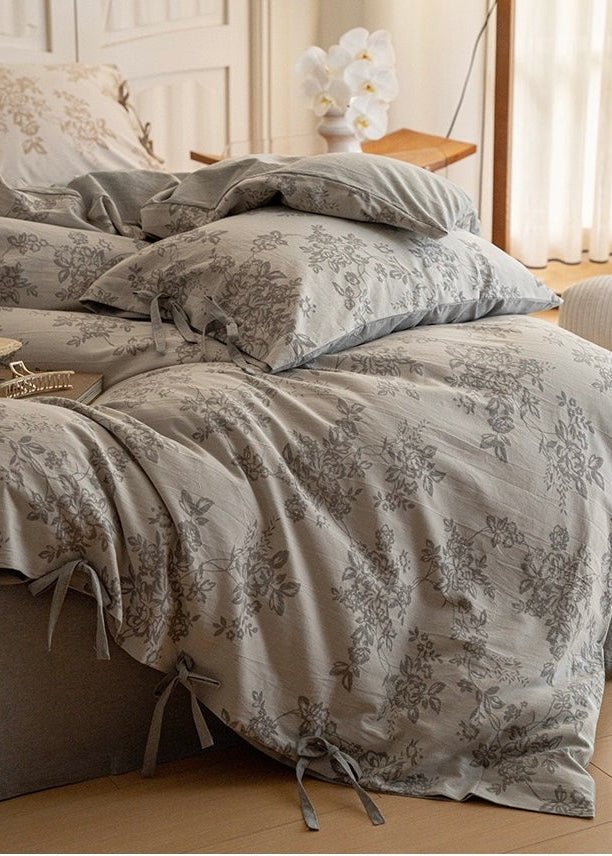 Bonnie Ribbon Bow Tie Floral Bedding Set / Dark Gray