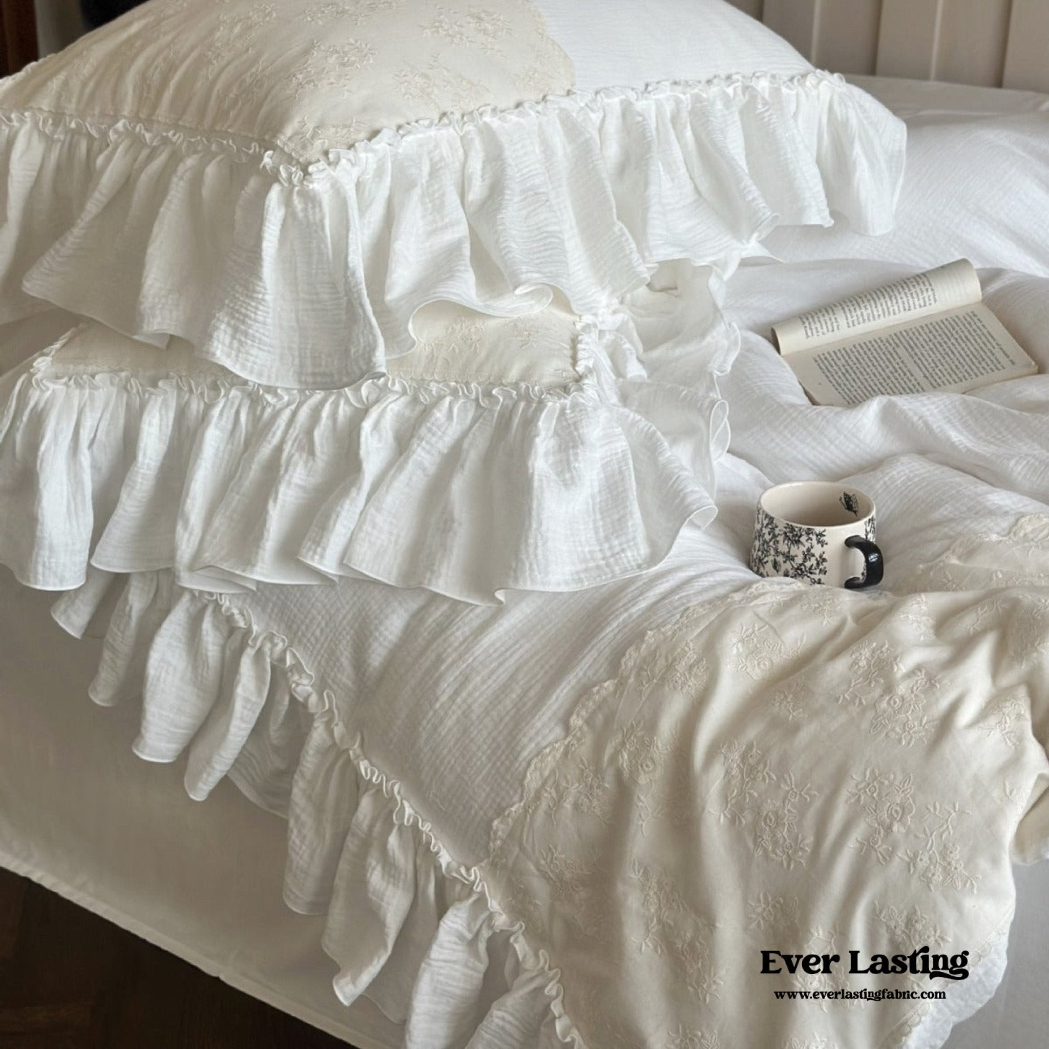 Celeste Soft Lace Embroidered Ruffle Bedding Set  / Coffee Brown