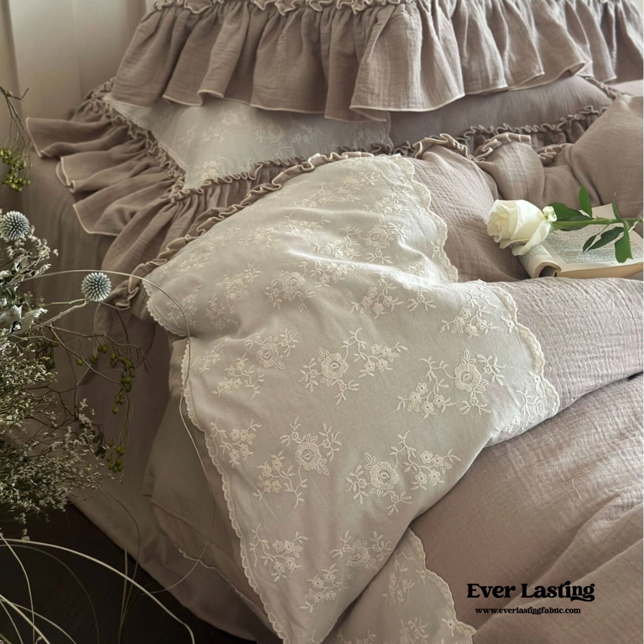 Celeste Soft Lace Embroidered Ruffle Bedding Set  / Coffee Brown
