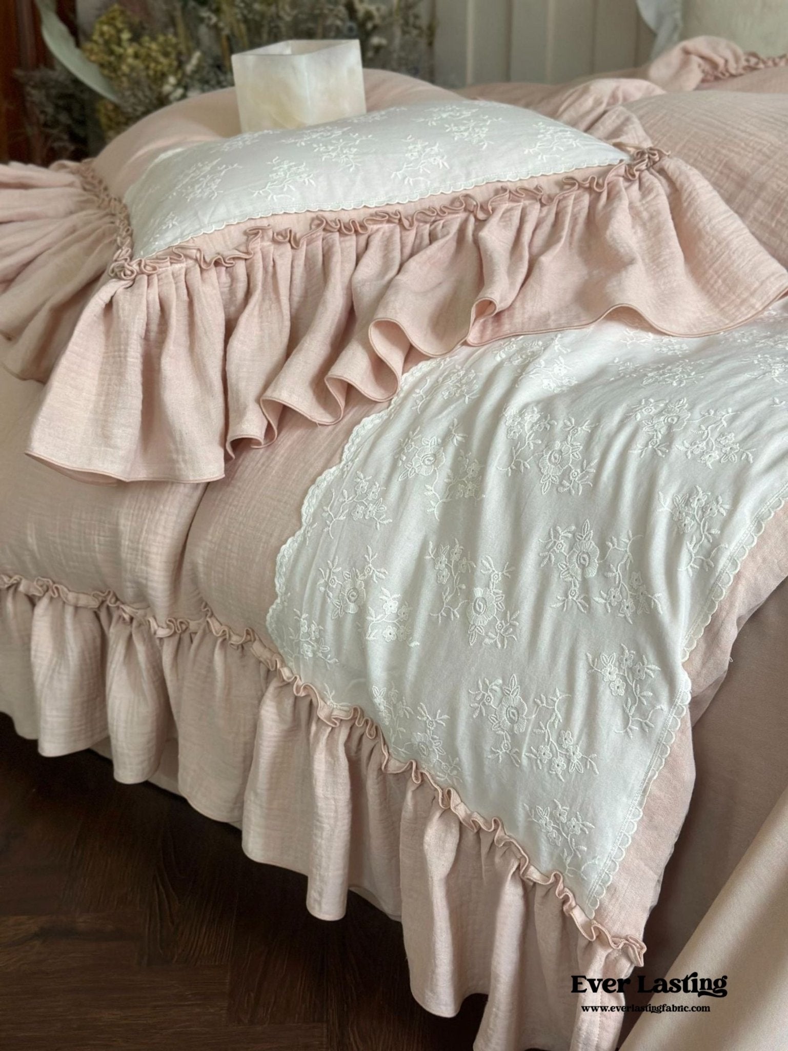 Celeste Soft Lace Embroidered Ruffle Bedding Set  / Coffee Brown