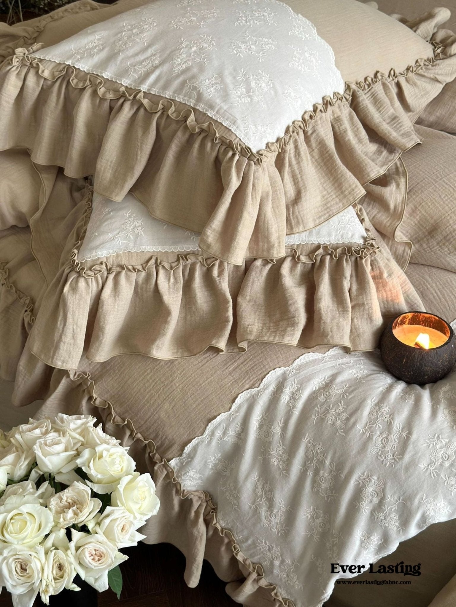 Celeste Soft Lace Embroidered Ruffle Bedding Set  / Olive Green