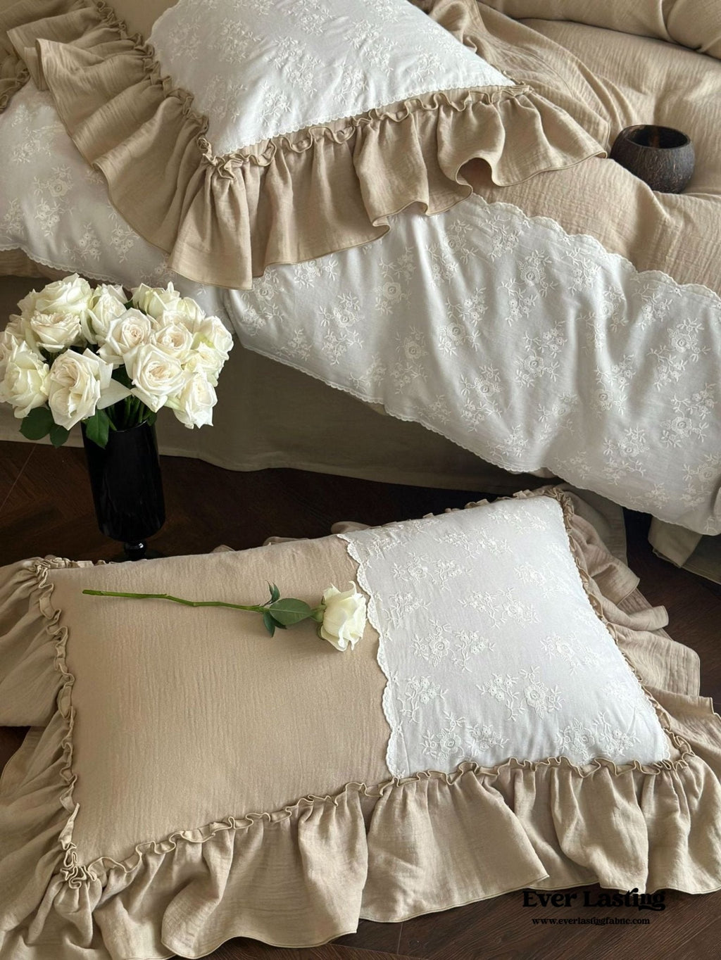 Celeste Soft Lace Embroidered Ruffle Bedding Set  / Olive Green