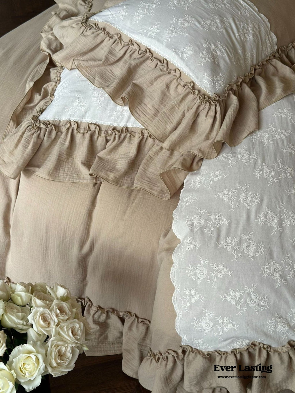 Celeste Soft Lace Embroidered Ruffle Bedding Set  / Olive Green