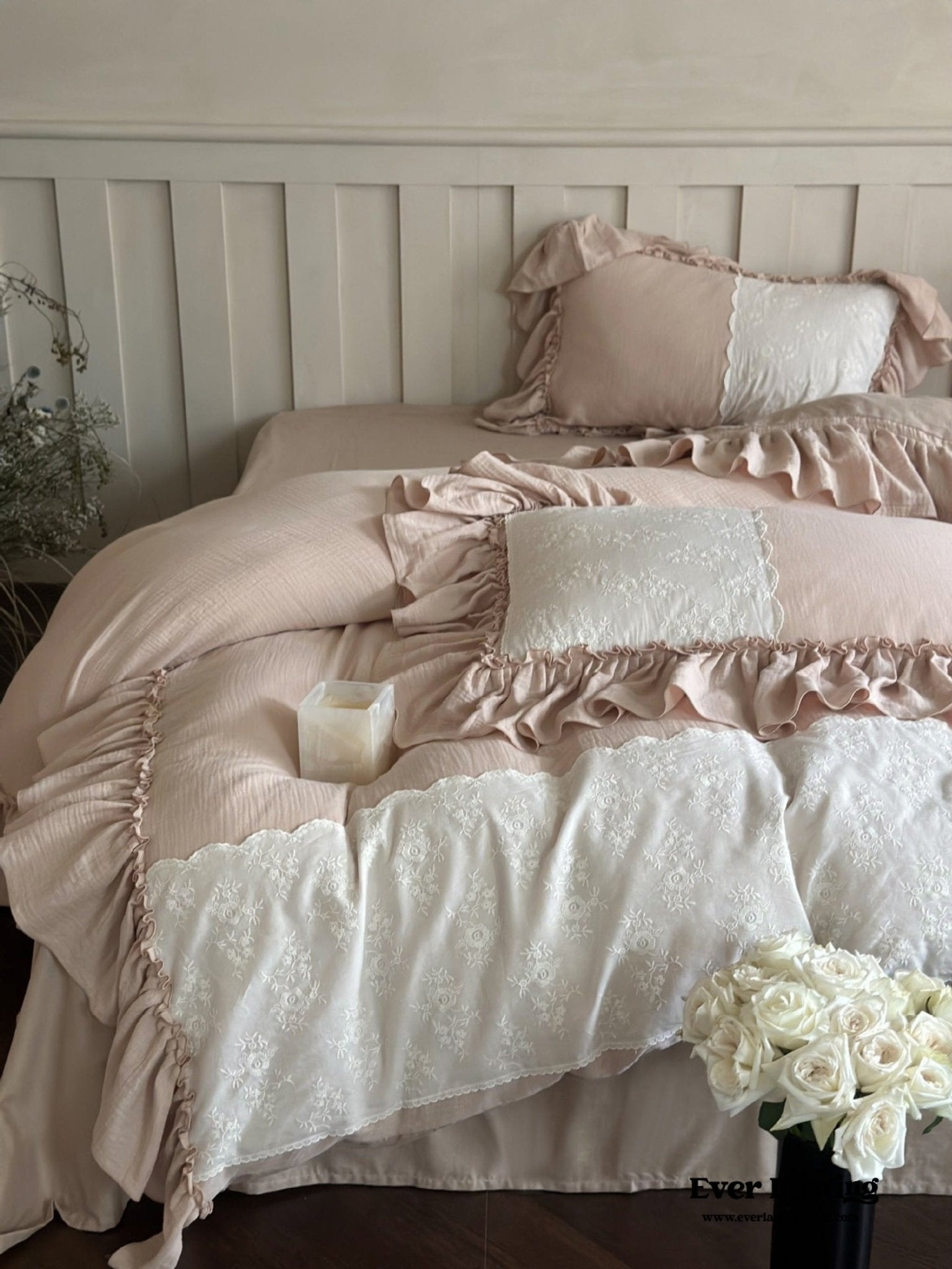 Celeste Soft Lace Embroidered Ruffle Bedding Set  / Olive Green