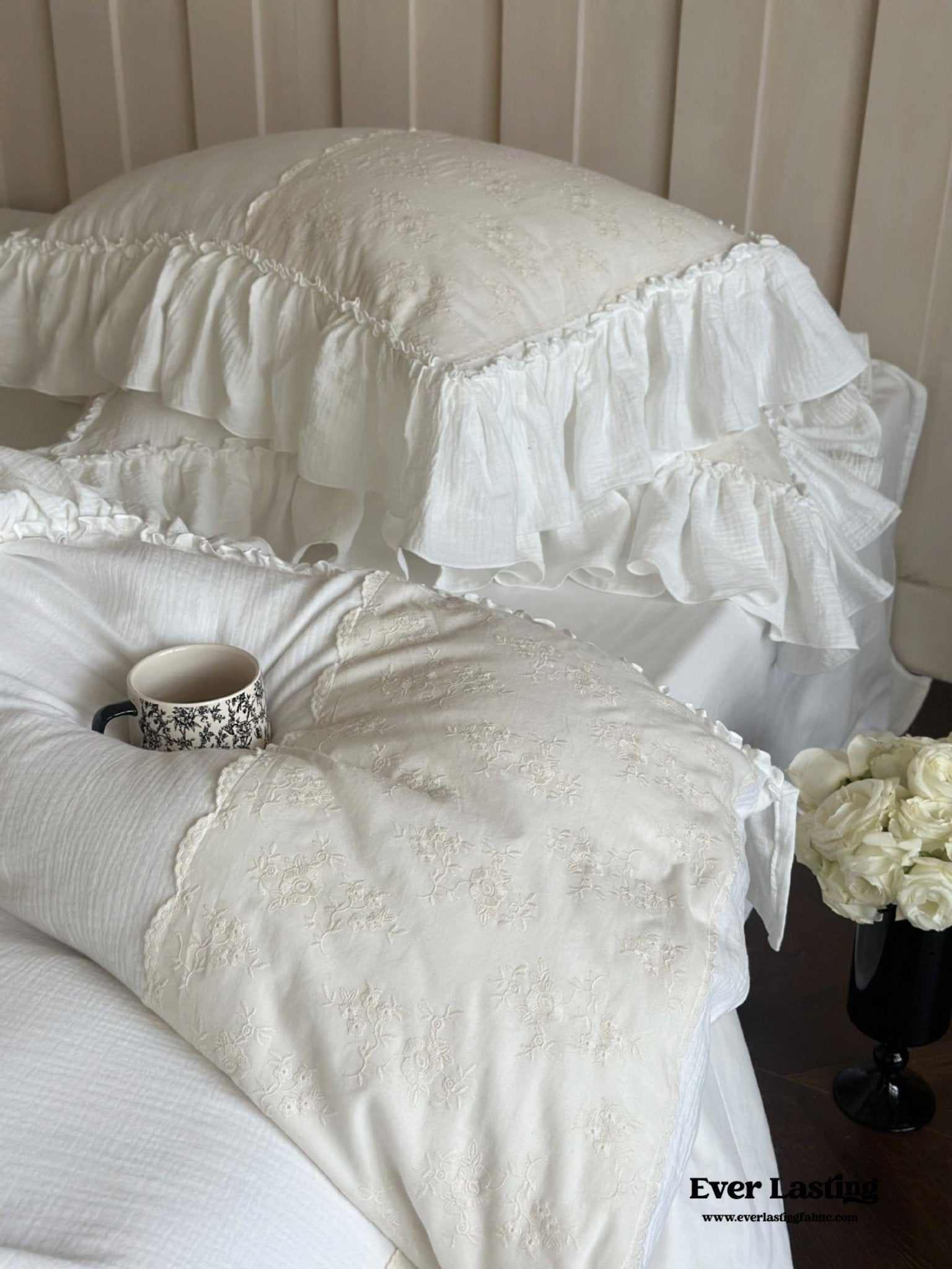 Celeste Soft Lace Embroidered Ruffle Bedding Set  / Olive Green