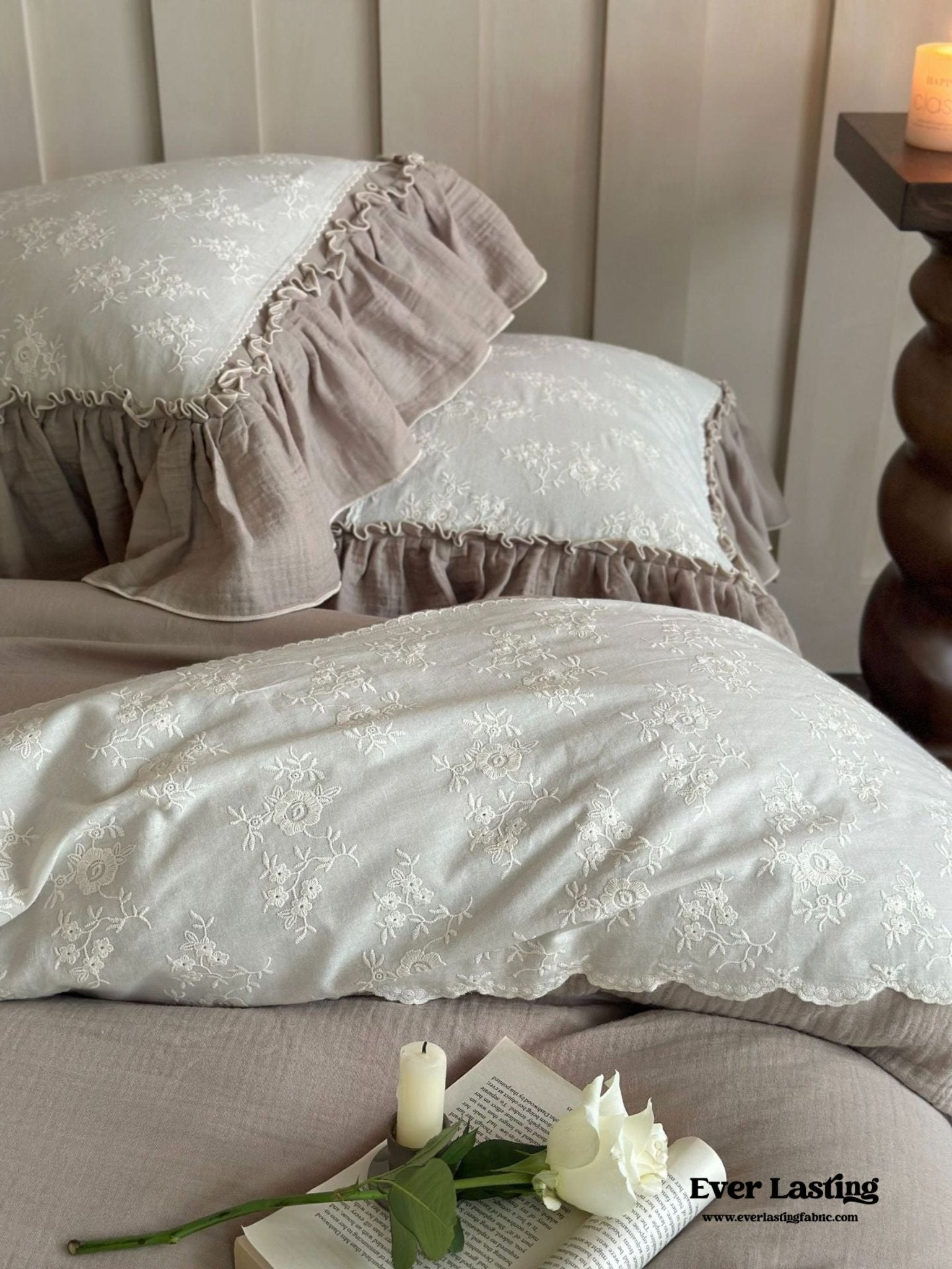 Celeste Soft Lace Embroidered Ruffle Bedding Set  / Olive Green