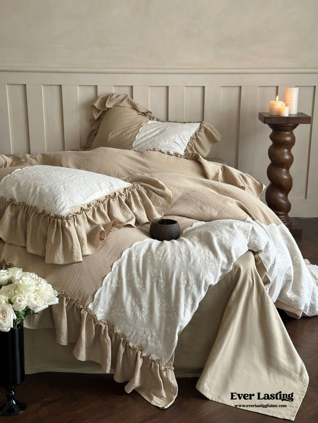 Celeste Soft Lace Embroidered Ruffle Bedding Set  / Olive Green
