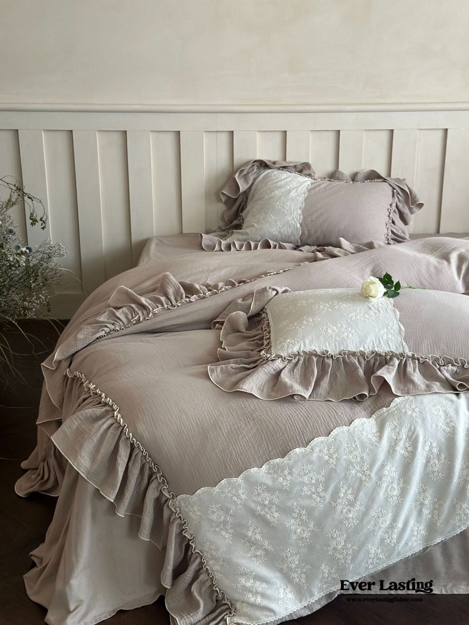Celeste Soft Lace Embroidered Ruffle Bedding Set  / Olive Green
