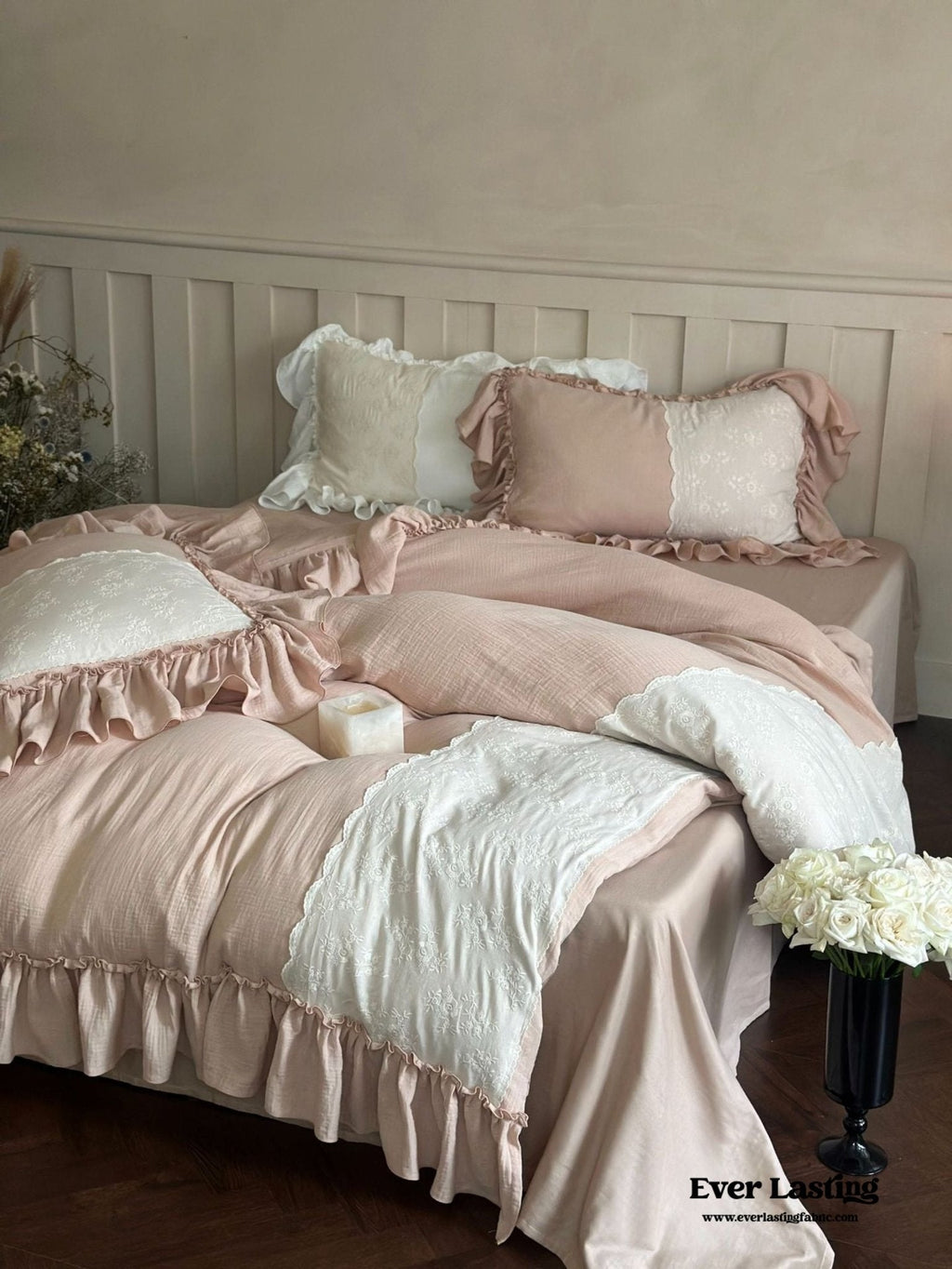 Celeste Soft Lace Embroidered Ruffle Bedding Set / White
