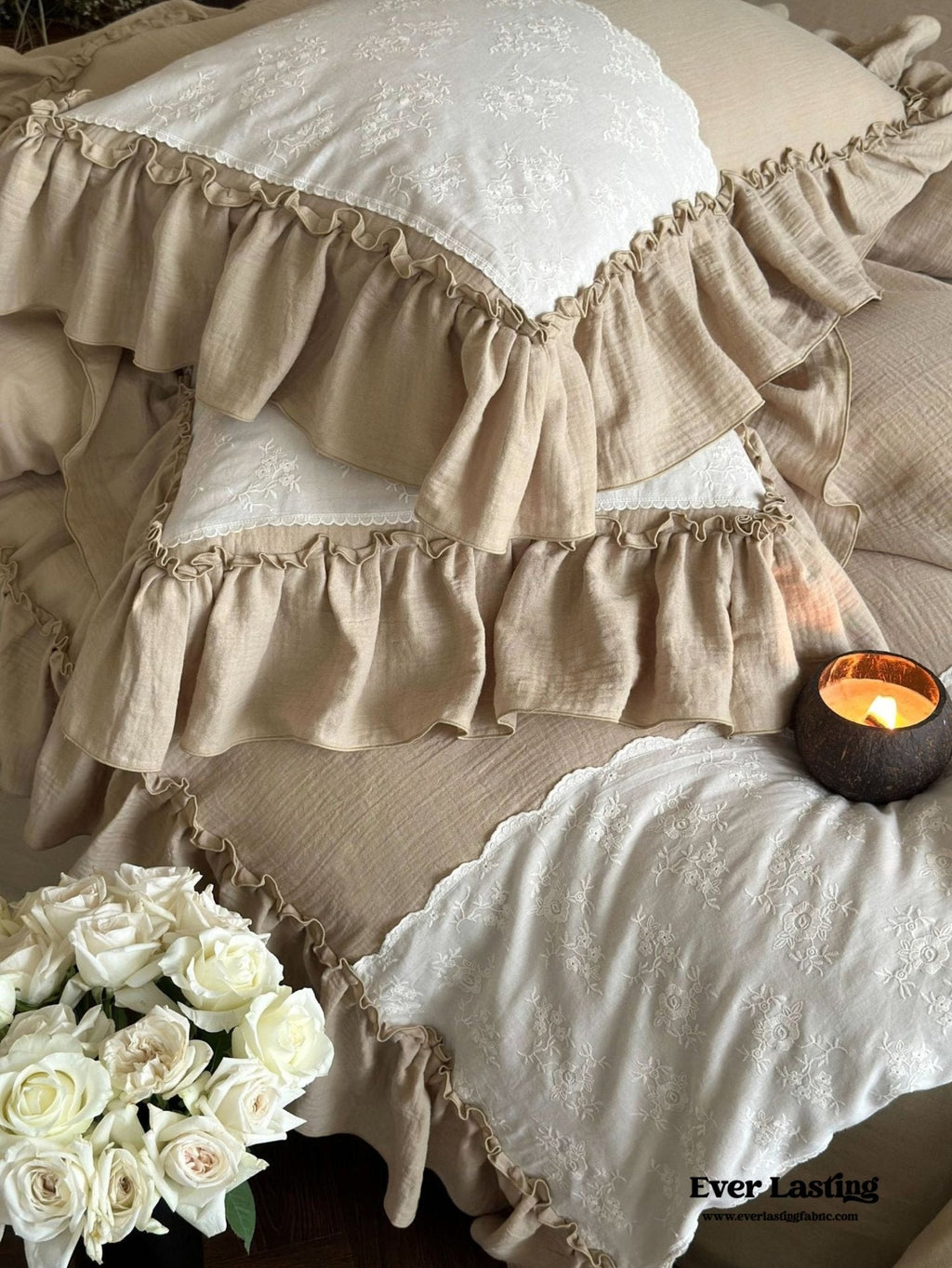 Celeste Soft Lace Embroidered Ruffle Bedding Set / White