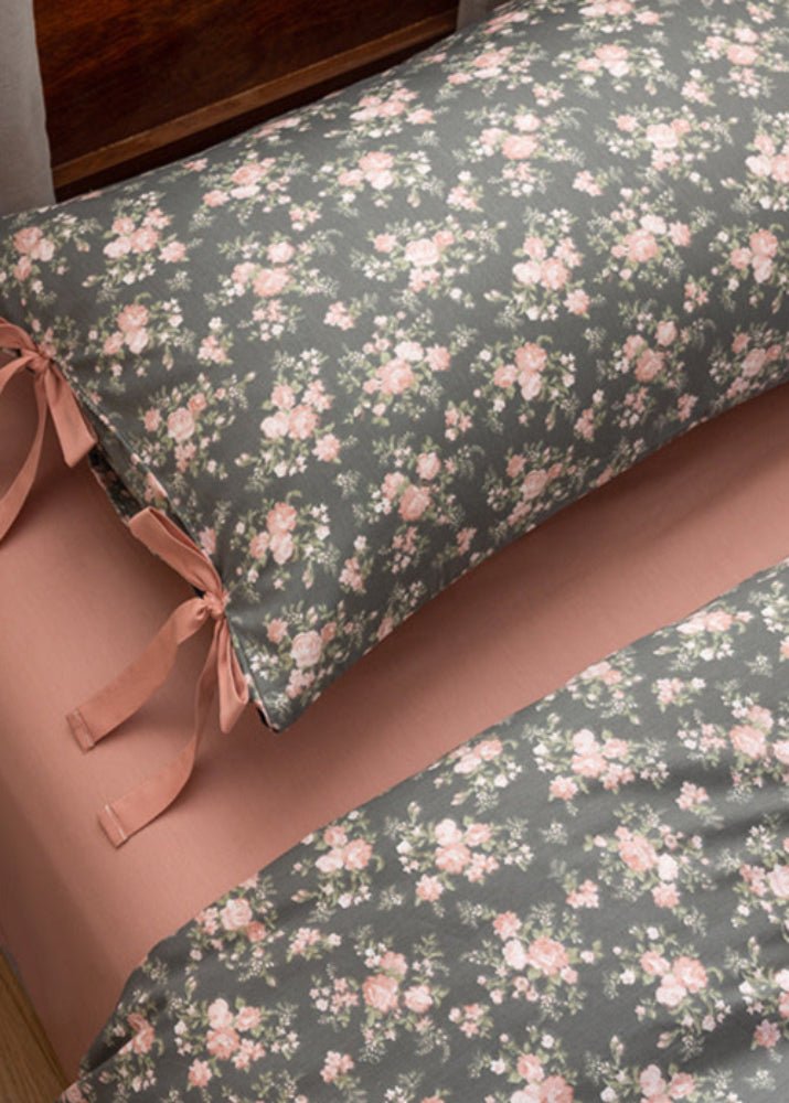 Celia Cottage Ribbon Bow Tie Floral Bedding Set / Rust Pink