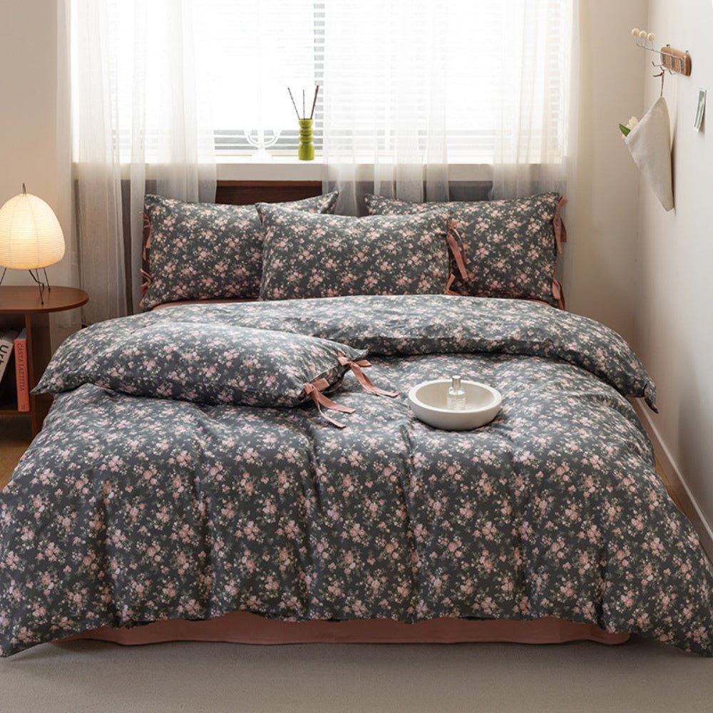 Celia Cottage Ribbon Bow Tie Floral Bedding Set / Rust Pink