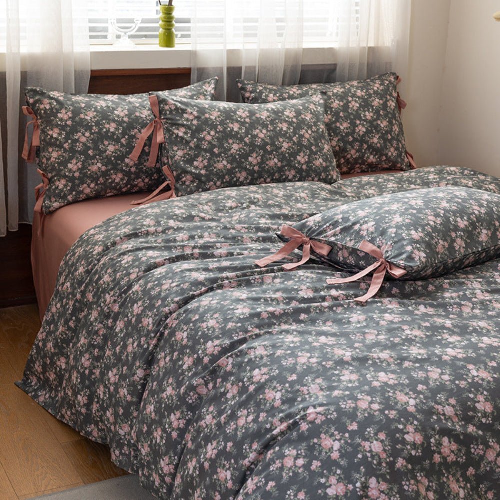 Celia Cottage Ribbon Bow Tie Floral Bedding Set / Rust Pink