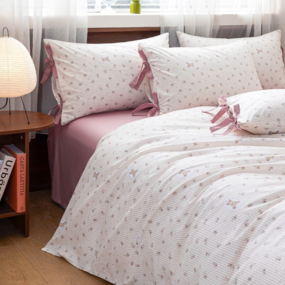 Celia Cottage Ribbon Bow Tie Floral Bedding Set / Pink