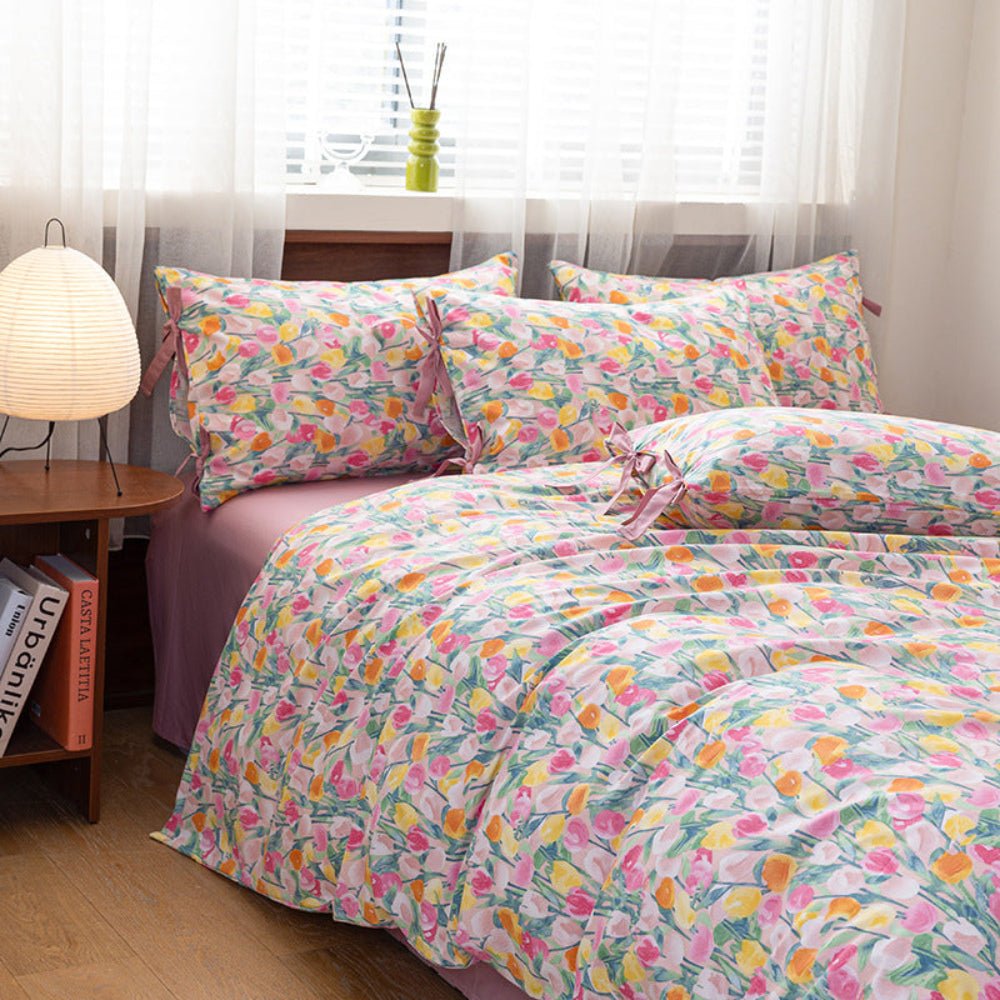 Celia Cottage Ribbon Bow Tie Floral Bedding Set / Blue