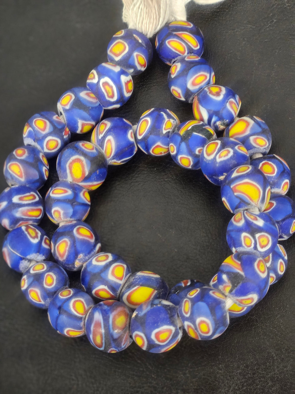 Cobalt Blue Eye Motif African Trade Beads Sourced in Ghana | Large-Hole Glass Trade Beads | 15–16mm Designer & Collector Strand