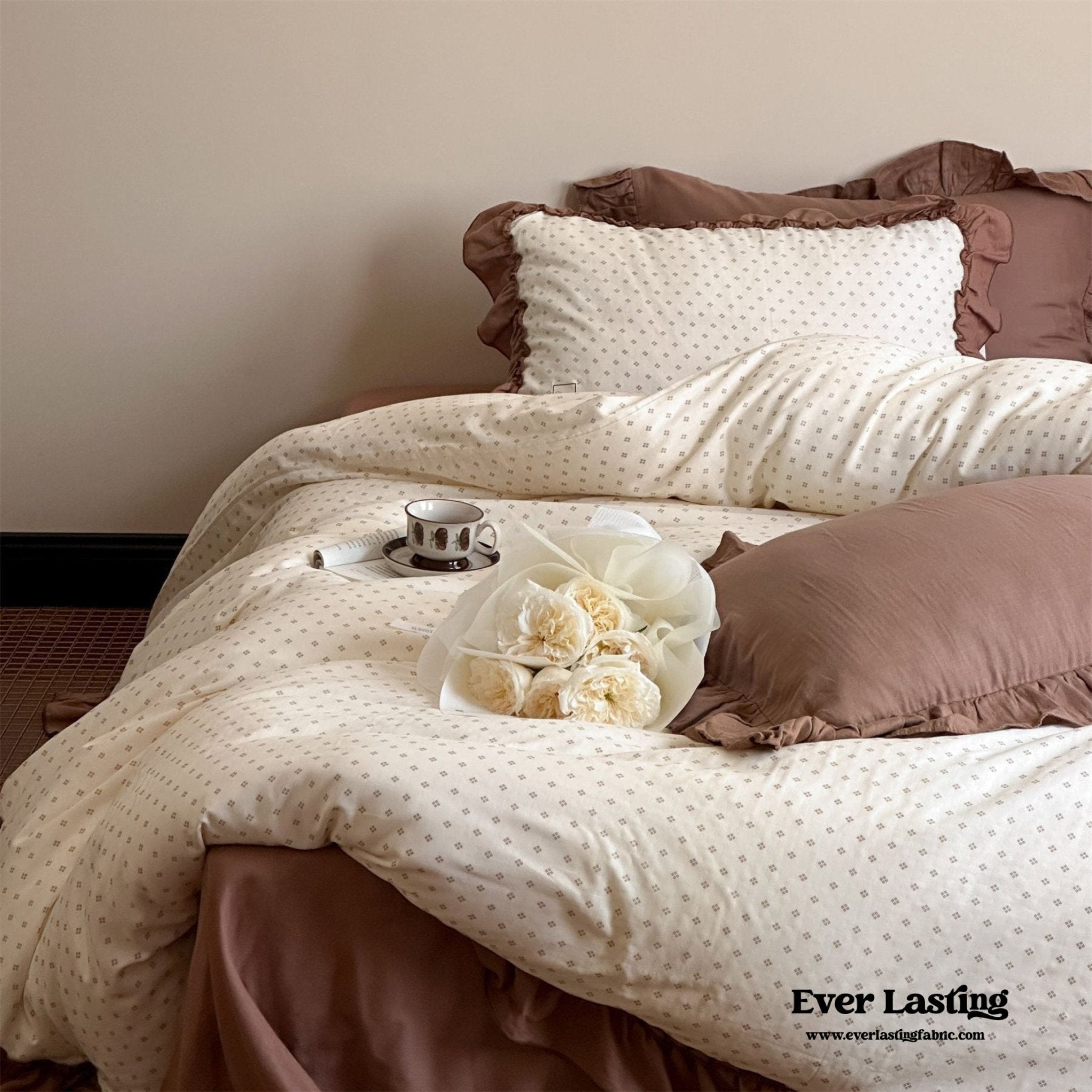 Cottage Inspired Ruffle Bedding Set / Brown