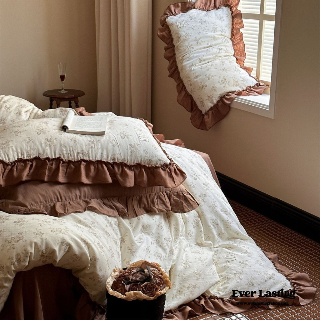 Cottage Inspired Ruffle Bedding Set / Soft Brown