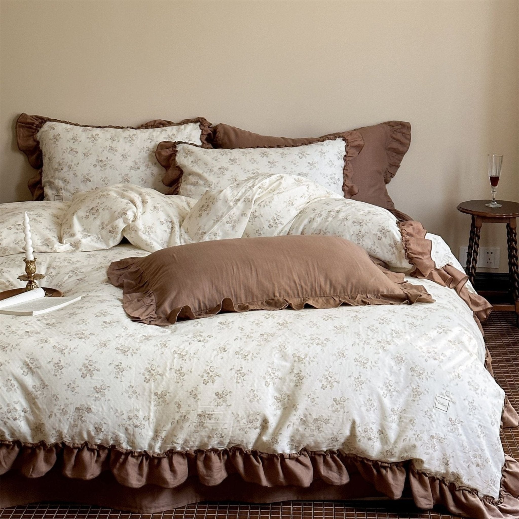 Cottage Inspired Ruffle Bedding Set / Soft Brown